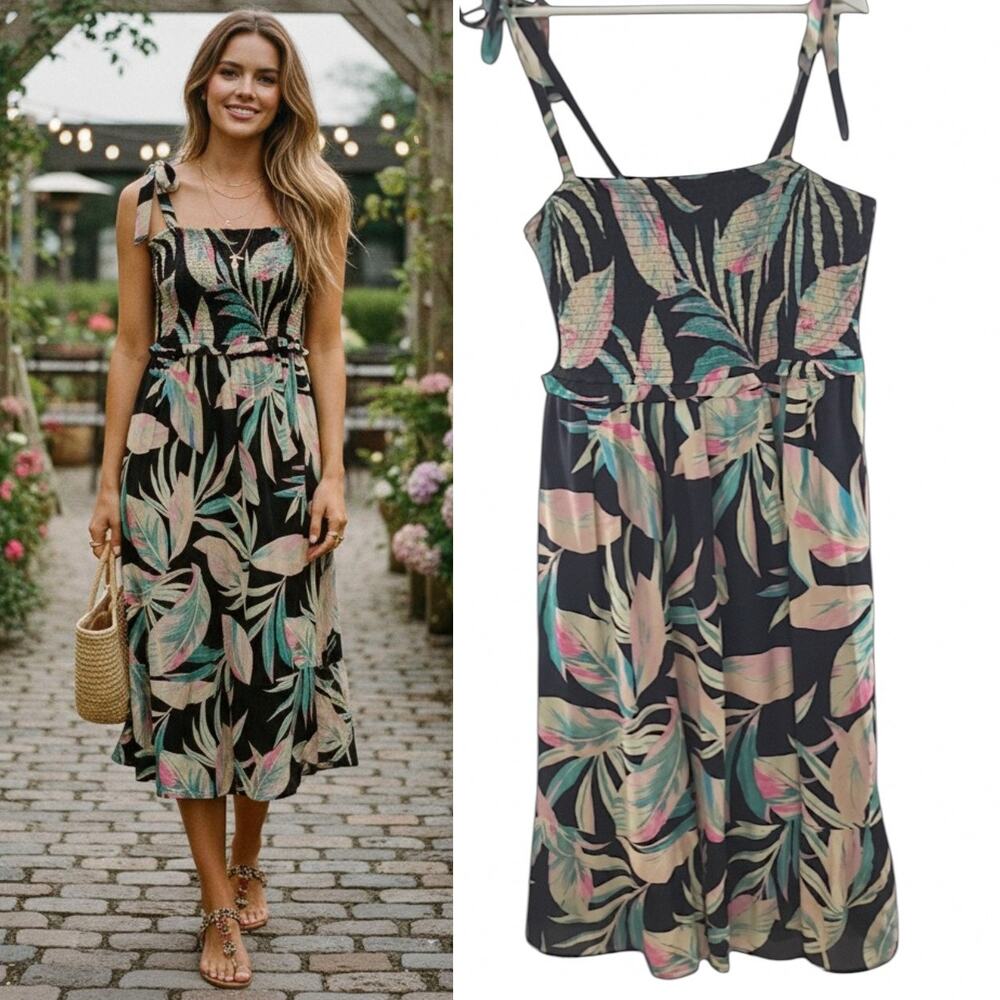 Torrid Smocked Midi Sundress Women's Sz 2X  Black Tropical Multicolor Floral NWT